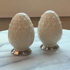 Lenox Woodleaf Porcelain and Silver Salt & Pepper Set Platinum 3”x 2” Ivory Egg